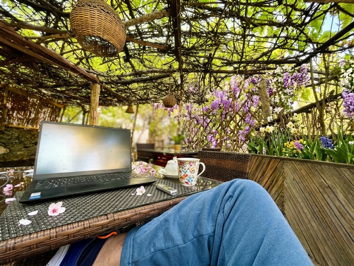 A shaded garden workspace in Baltistan, with a laptop and tea beneath a vine canopy
