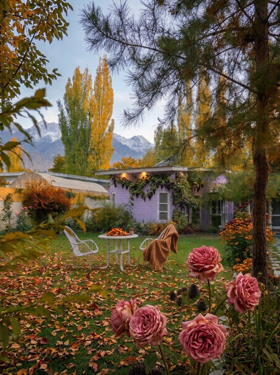 An autumn garden outside a lavender Baltistan home, framed by golden poplars, roses and snow-tipped peaks