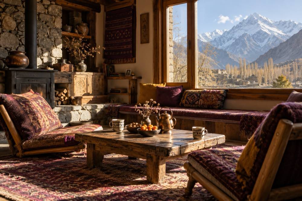 A warm stone-and-timber Baltistan homestay with tea by the window and mountains beyond