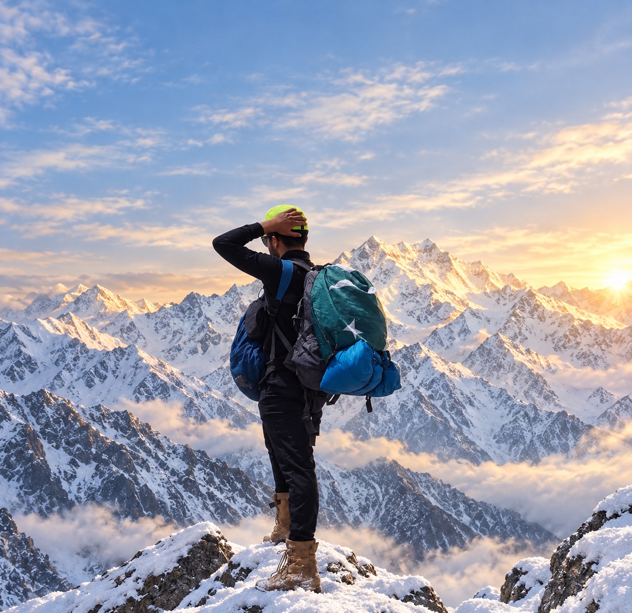 Ibi looking out across snow-covered Karakoram peaks with his trekking pack
